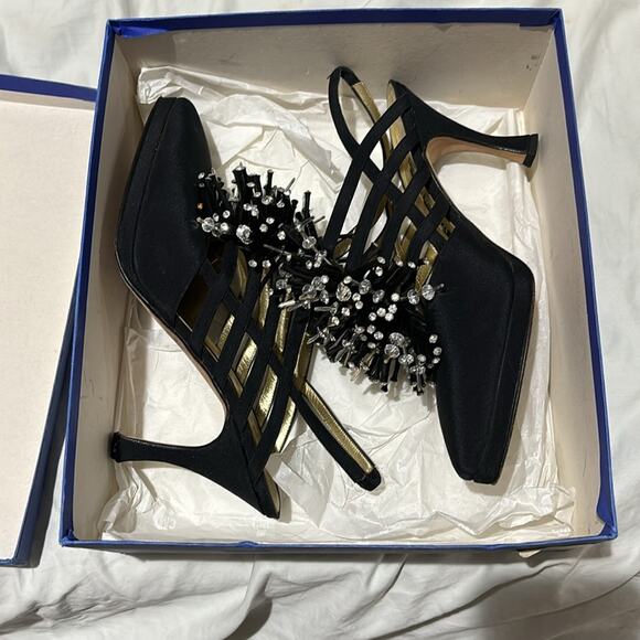 Claudio Merazzi 38.5 black platform rhinestone starburst shoe vintage euc box - Picture 1 of 15